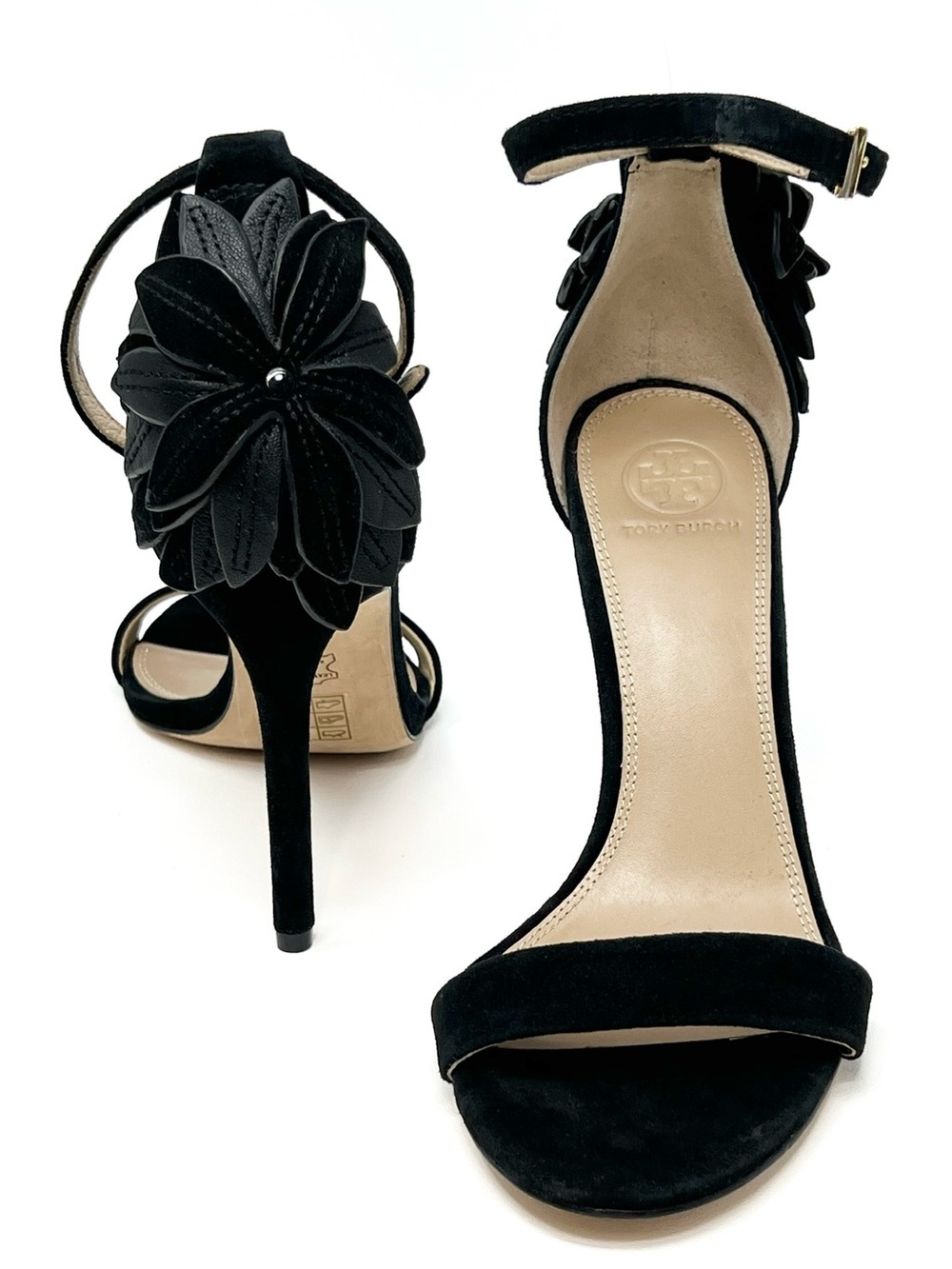 Tory Burch Jules Appliqué Floral Stilettos Size 9 Black Suede Sandals Heels EUC